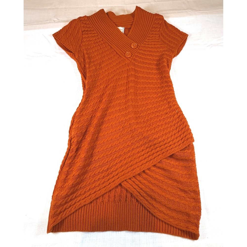 Pink Rose‎ Orange Knit Sweater Dress Short Sleeve V Neck Wrap Skirt L